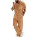 Men's casual breathable linen-like hooded short sleeve shirt and pants set in solid color - S / Top And Bottom / Earthy Yellow