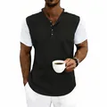 Camiseta Henley de punto gofrado para hombre con mangas en contraste y cierre de botones - Negro