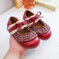 Vintage red Mary Jane shoes for girls featuring a lace bow and plaid ruffle details - 23 / Red