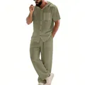 Men's casual sage green linen hooded short sleeve shirt and long pants set - Army Green