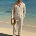 Herren-Leinenanzug mit Kapuzen-Henley-Oberteil und lockerer Hose in Beige - Khaki