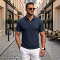 Stylish navy blue men's jacquard polo shirt featuring a unique textured knit pattern design. - S / Tops / Navy Blue