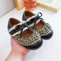 Retro Mary Jane leather shoes for girls featuring vintage plaid ruffle and bow tie detail - 23 / Black