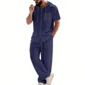 Men's two-piece navy blue casual hooded short-sleeve shirt and matching trousers set - Navy Blue