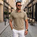 Men's slim fit khaki jacquard short-sleeve polo shirt featuring a stylish multi-button placket - Khaki