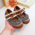 Vintage brown Mary Jane shoes for girls with gingham ruffle and lace bow strap - 23 / Brown