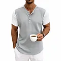 Detail of men's color block waffle knit Henley T-shirt with casual short sleeves. - S / Tops / Light Gray