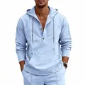 Ανδρικό γαλάζιο λινό πουκάμισο Henley με κουκούλα, κορδόνι και τσέπη, αναπνεύσιμο - S / Tops / Ανοιχτό μπλε
