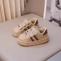 Cute beige shell-toe sneakers for girls with triple velcro straps and soft rubber soles. - 21 / Khaki