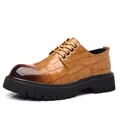 Stylish men's tan leather dress shoes featuring crocodile texture and a thick lug sole - 38 / Gradient Brown