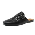 Classic vintage black leather brogue mules featuring double buckles and wingtip perforation details - 35 / Black