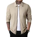 Close-up showing the slim fit waffle knit texture of this men's zip-up polo jacket - M / Khaki
