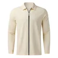 Detailed front view of men's beige waffle knit cardigan with zipper and polo collar - M / Tops / Khaki
