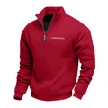 Classic men's winter heavyweight half-zip sweatshirt in deep red with a stand collar - Red