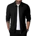 Close-up of men's black waffle knit slim fit jacket with zipper and lapel collar - M / Black
