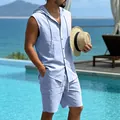 Detailed look at men's light blue sleeveless hooded linen shirt and matching cargo shorts - S / Top And Bottom / Light Blue