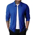 Men's royal blue waffle knit zip-up jacket with polo collar and slim fit design. - Sapphire Blue