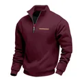 Close-up of wine red heavy weight half-zip stand collar sweatshirt for men - Burgundy
