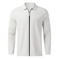 Macro view of men's slim-fit waffle knit cardigan jacket with collar and zipper - M / Tops / White