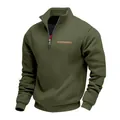 Schweres olivgrünes Herren-Sweatshirt mit halbem Reißverschluss, Stehkragen und Detail - S / Oberteile / Armeegrün