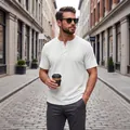 Slim fit men's white waffle knit Henley shirt with buttons for casual summer style - S / Tops / White