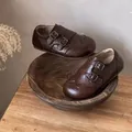 Detailed view of brown British style monk strap girls' shoes with brogue patterns - 23 / Double Monk Strap Style (TH-101) / Brown