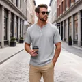 Men's casual slim-fit short sleeve Henley shirt in light grey waffle texture fabric - S / Tops / Light Gray