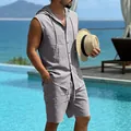 Detail view of men's grey linen hooded sleeveless shirt and cargo shorts beach set - Dark Gray