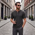 Men's short-sleeve waffle knit Henley shirt in dark grey, casual slim fit style - S / Tops / Black