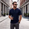 Premium men's slim fit navy blue short sleeve Henley shirt featuring waffle texture - S / Tops / Navy Blue