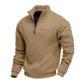 Close-up detail of men's heavyweight khaki half-zip sweatshirt with stand collar design - Camel