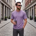 Slim fit men's purple waffle knit Henley shirt with short sleeves and button neck design. - Light Purple