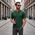 Stylish slim fit waffle knit Henley shirt in dark green featuring a casual button neckline - Dark Green