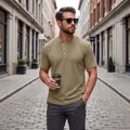 Men's olive green short-sleeved Henley shirt with button placket and waffle texture - Khaki