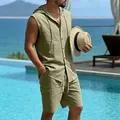 Professional detail view of a men's olive linen hooded sleeveless shirt and cargo shorts set - Army Green