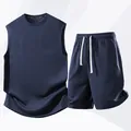 Herren Sport-Set 2-teilig in Marineblau mit Waffelstruktur-Tanktop und kurzen Hosen - S / Oberteil und Hose / Dunkelblau