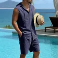 Detail of men's navy blue linen sleeveless hooded shirt and cargo shorts holiday set - S / Top And Bottom / Navy Blue