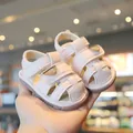 Cute pink soft-sole baby sandals with closed-toe design and cartoon bear velcro straps - Size 16-20 / Beige