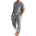 Herren Leinen-Set in Grau mit Langarm-Henley-Shirt und lockerer, gerader Hose - Dunkelgrau