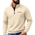 Men's beige heavy fleece sweatshirt with half-zip stand collar and ribbed cuffs - S / Tops / Apricot