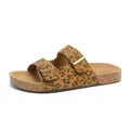 Detailansicht der modischen Kork-Plateaute-Sandalen mit Leopardenmuster und verstellbaren Schnallen - 36 / Brauner Leopard