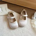 Elegant beige velvet Mary Jane shoes for girls with gold trim and cute bow detail - 23 / Beige