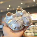 Elegant silver baby girl sandals featuring a pearl bow and soft anti-slip rubber sole - Sizes 16-20 (Pack of 5 Pairs) / Silver