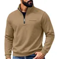 Men's heavyweight casual brown half-zip sweatshirt with fleece lining and stand collar - S / Tops / Camel