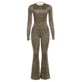 Women's slim fit leopard print long sleeve jumpsuit featuring flared leg design - L / Set / Leopard Print