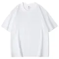 Detailed shot showing the texture and neckline of a plain white crew neck men's T-shirt - White