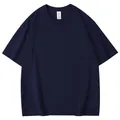 Detail view of navy blue crew neck short sleeve t-shirt laid flat on white background - Navy Blue