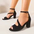 Elegant black suede chunky heel sandals with peep-toe design and adjustable ankle strap - Black