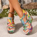 Close-up of colorful psychedelic pattern wedge sandals with platform and straps - 36 / Elastic Band / Green