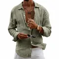 Close-up of men's loose sage green linen shirt with turn-down collar detail. - S / Tops / Army Green